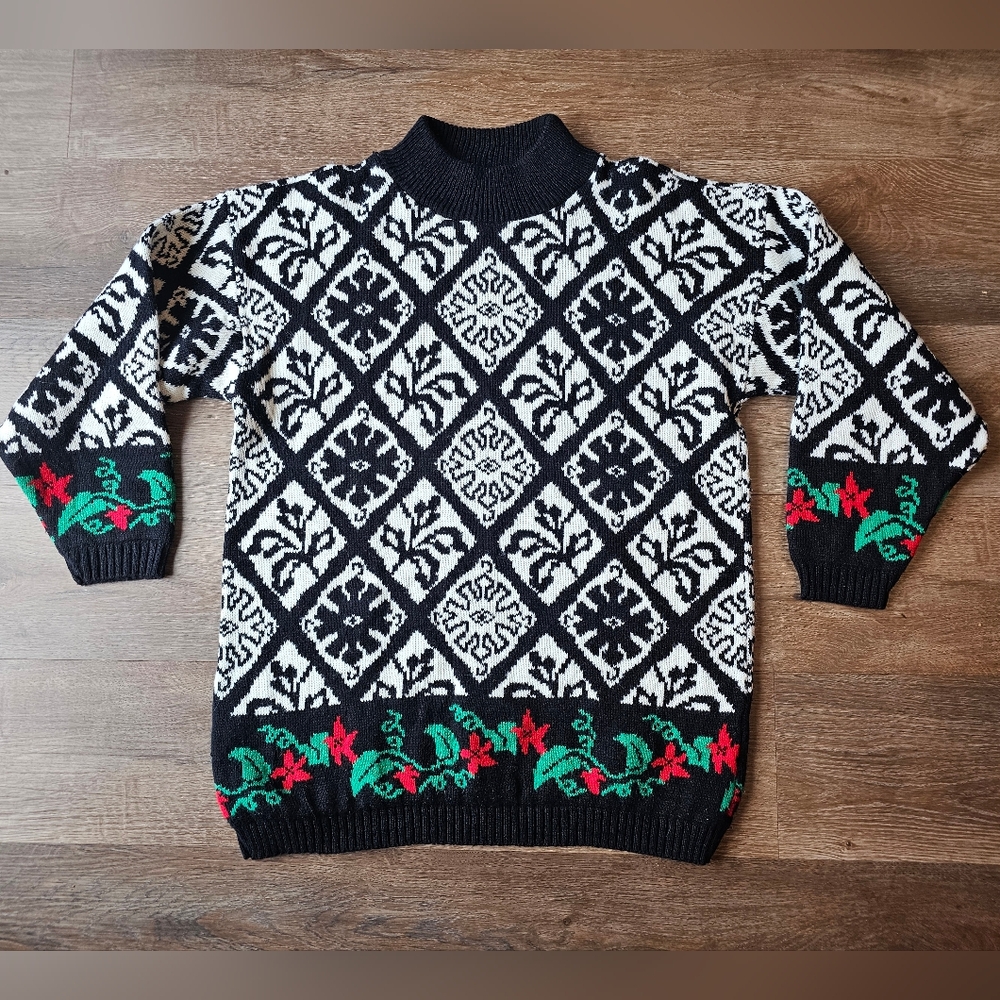 Vintage Sweater Exchange Poinsettia Sweater Black & White Chunky Knit Women's S